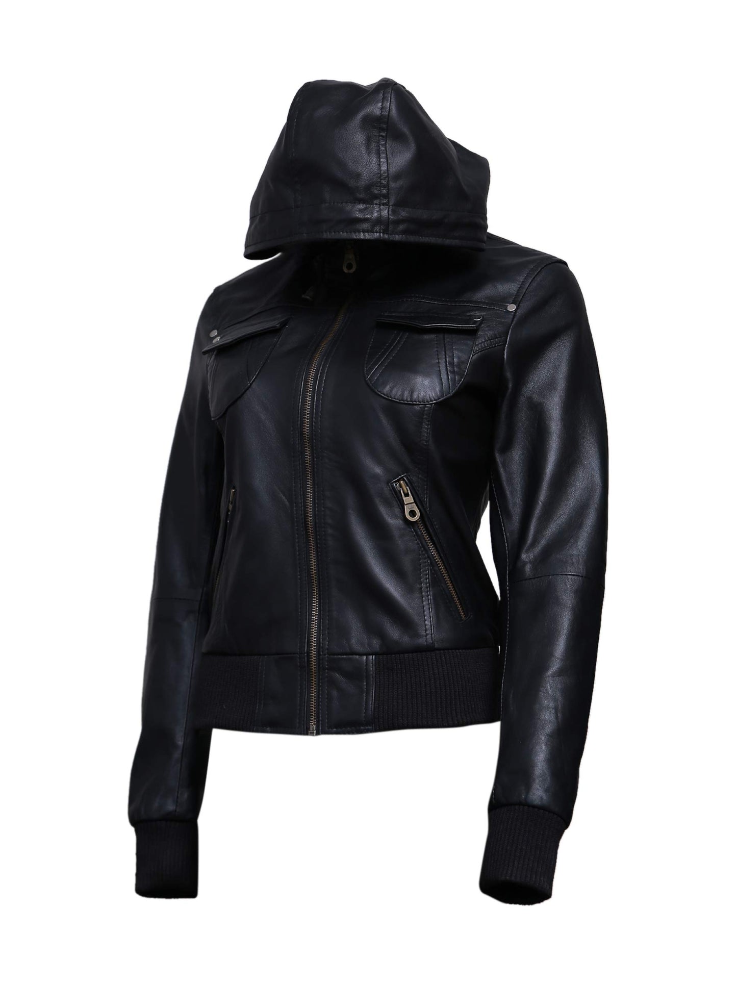 Artistry Leather Womens Genuine Lambskin Leather Motorcycle Jacket with Removable Hood Black - Hooded bomber jacket
