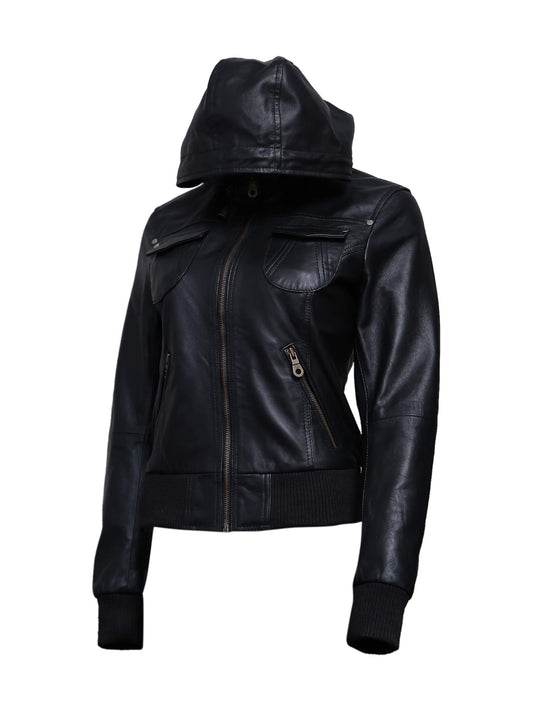 Artistry Leather Womens Genuine Lambskin Leather Motorcycle Jacket with Removable Hood Black - Hooded bomber jacket