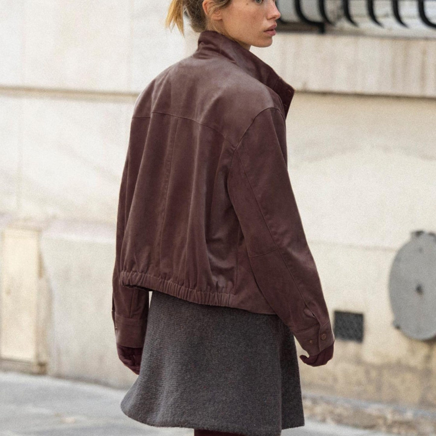 Xunger Women's Cropped Faux Suede Jacket Casual High Neck Utility Button Front Coat Streetwear Outerwear with Pockets(1090-Brown-M-RD)