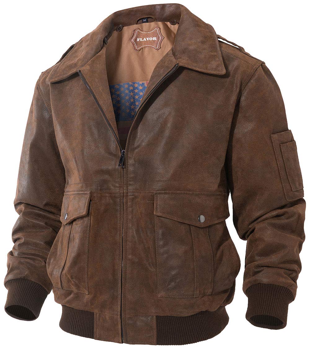 FLAVOR Men's Leather Flight Bomber Jacket Air Force Aviator (X-Large, Brown)