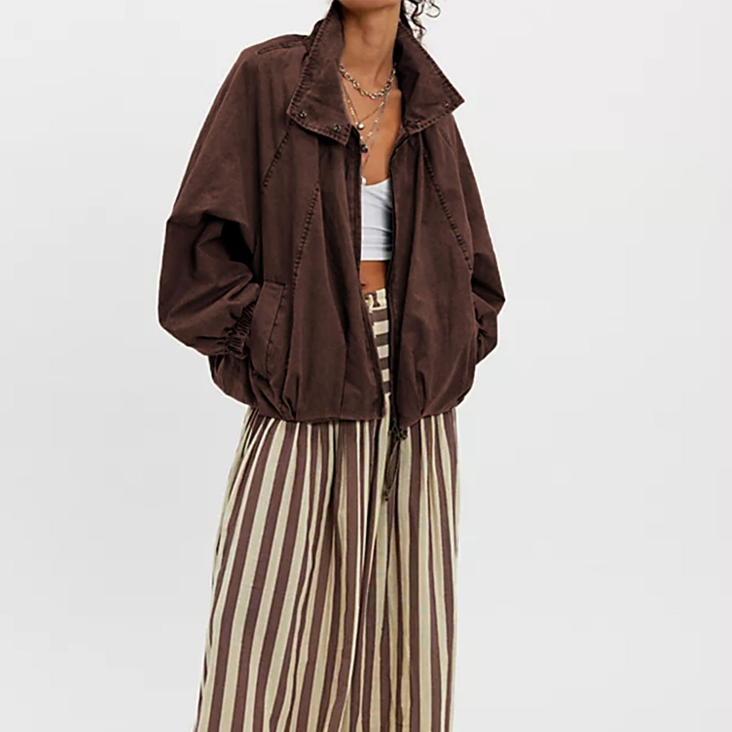 Yaykio Women Oversized Bomber Jacket Funnel Neck Zip Up Batwing Sleeve Fall Outerwear Coats Casual Outfits with Pockets(Chocolate,M)
