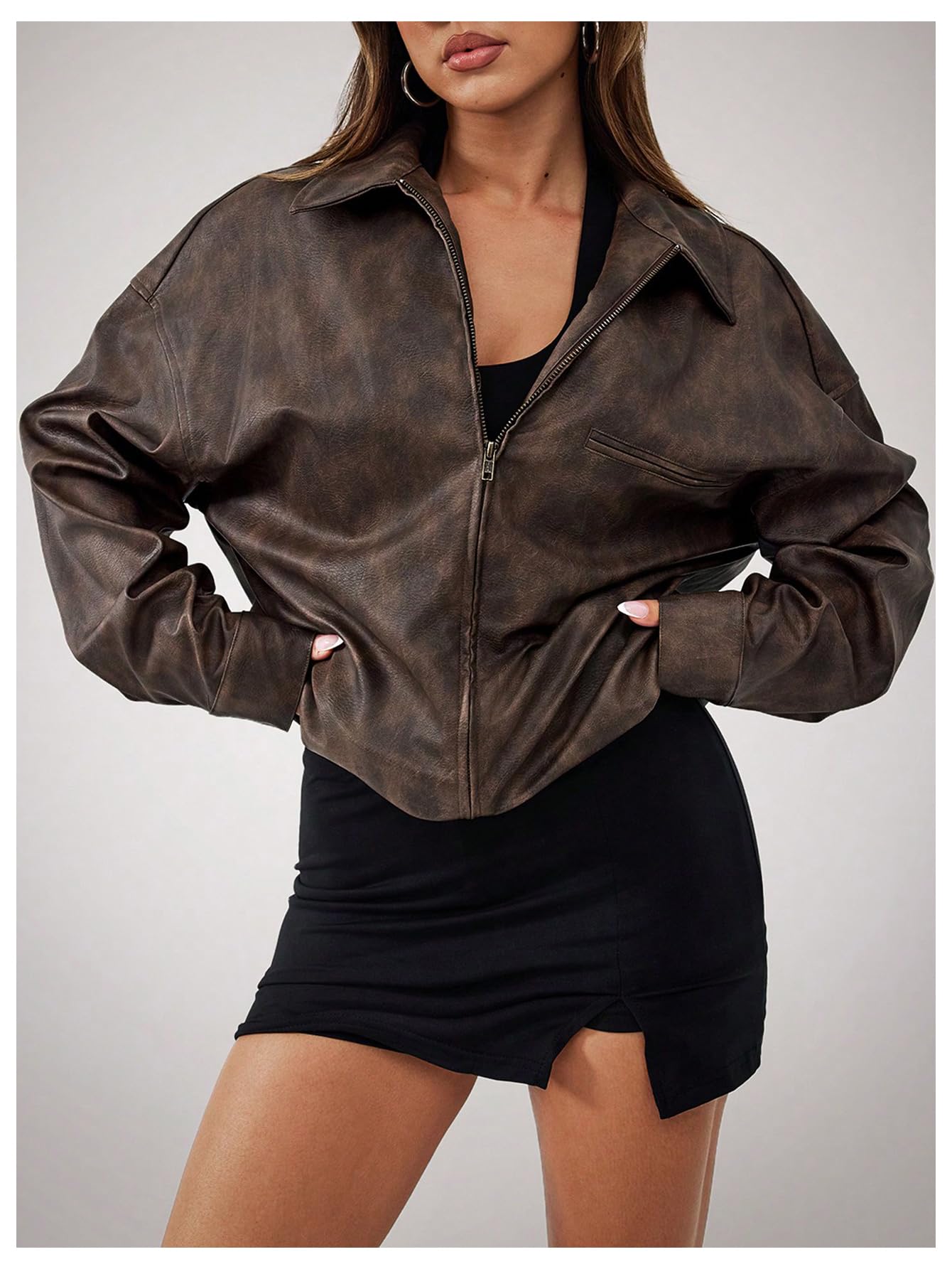 BEAUDRM Women's PU Leather Jackets Vintage Zip Up Collared Long Sleeve Motorcycle Jacket Coats Coffee Brown Medium
