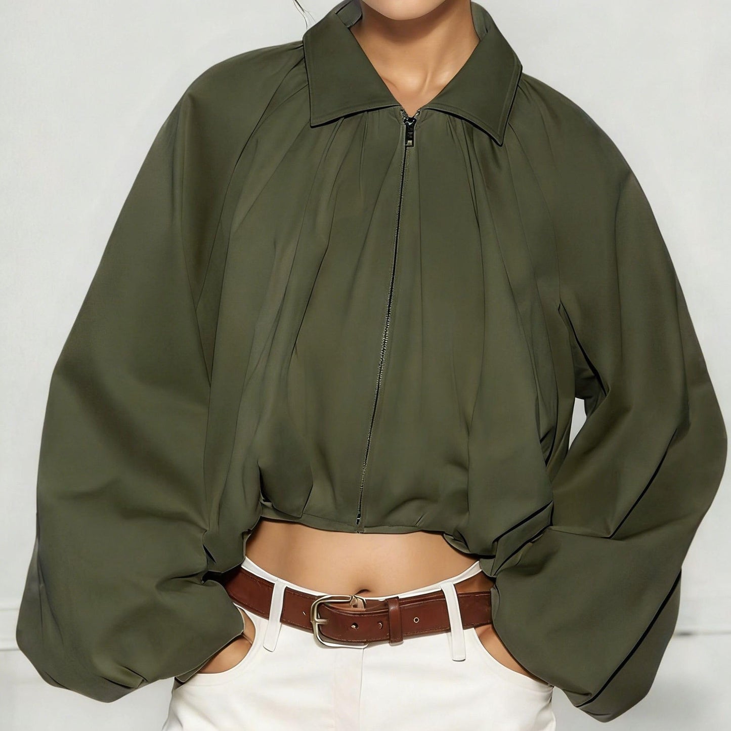 Chevara Women’s Puffed Sleeve Bomber Jacket Trendy Lapel Collar Zip Up Cropped Loose Fit Spring Fall Pleated Shirt(0345-Green-S-CW)