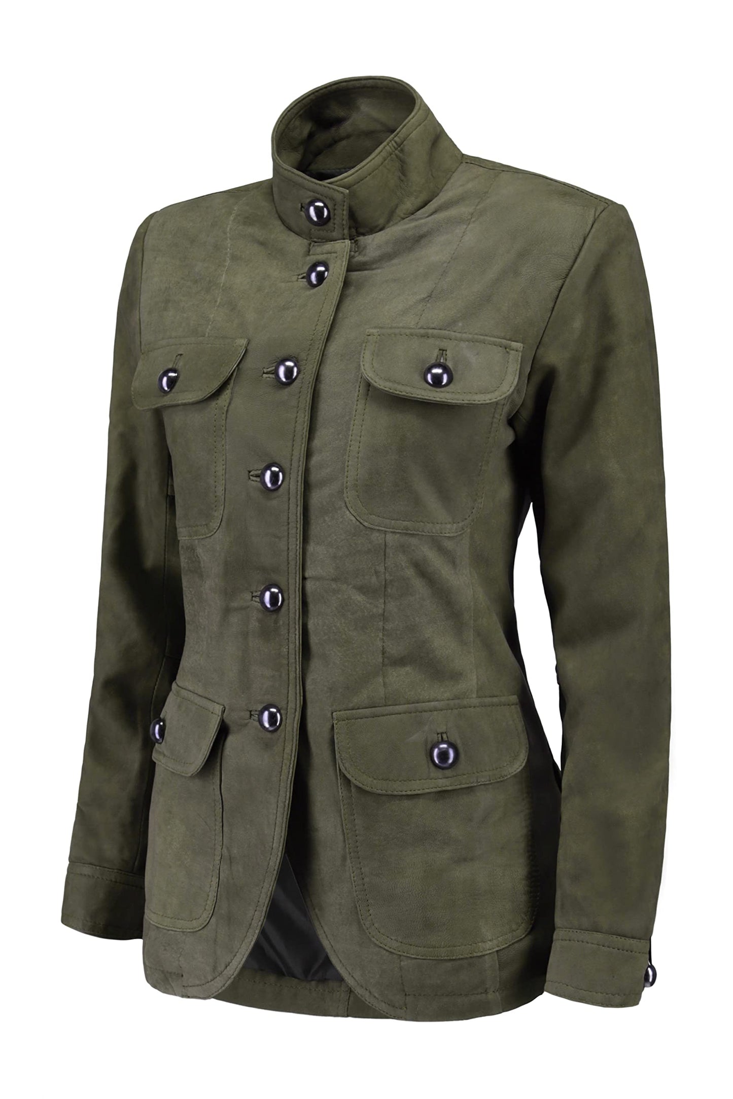 Jild Fancy 5-Button Four Pocket Double Back Slit Leather Blazer Women - Vintage Suede Look Cuff Sleeves Leather Jacket Women (ZC-Green-3XL)