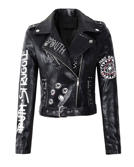 LY VAREY LIN Women's Print Faux Leather Punk Jacket Biker Motorcycle Jacket with Belt (Black, l)
