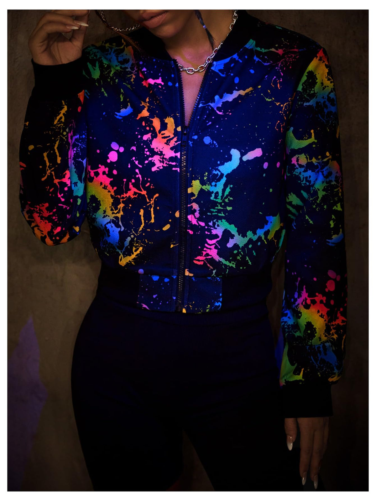 SweatyRocks Women's Splatter Print Zip Up Bomber Jackets Crop Tops