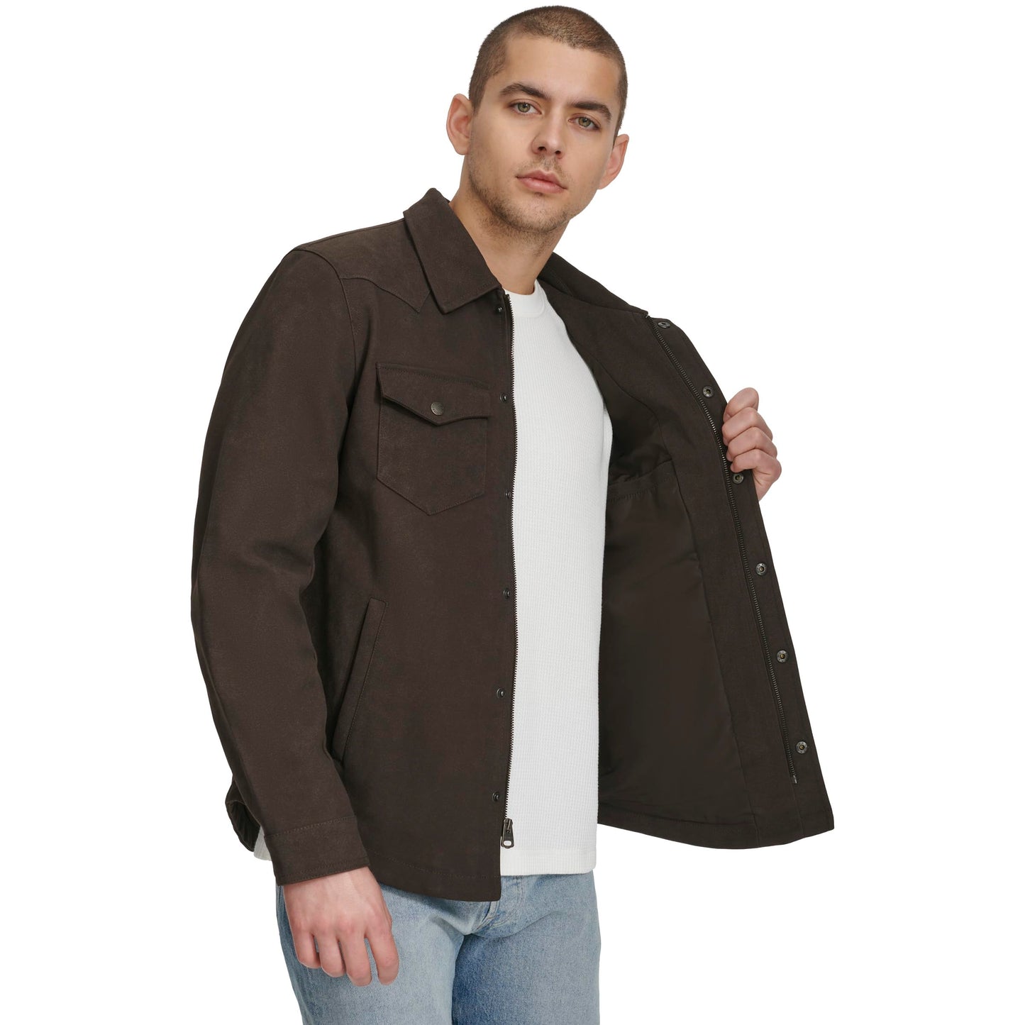 Levi's Men's Leather Shirt Jacket, New Dark Brown Faux Suede, Large