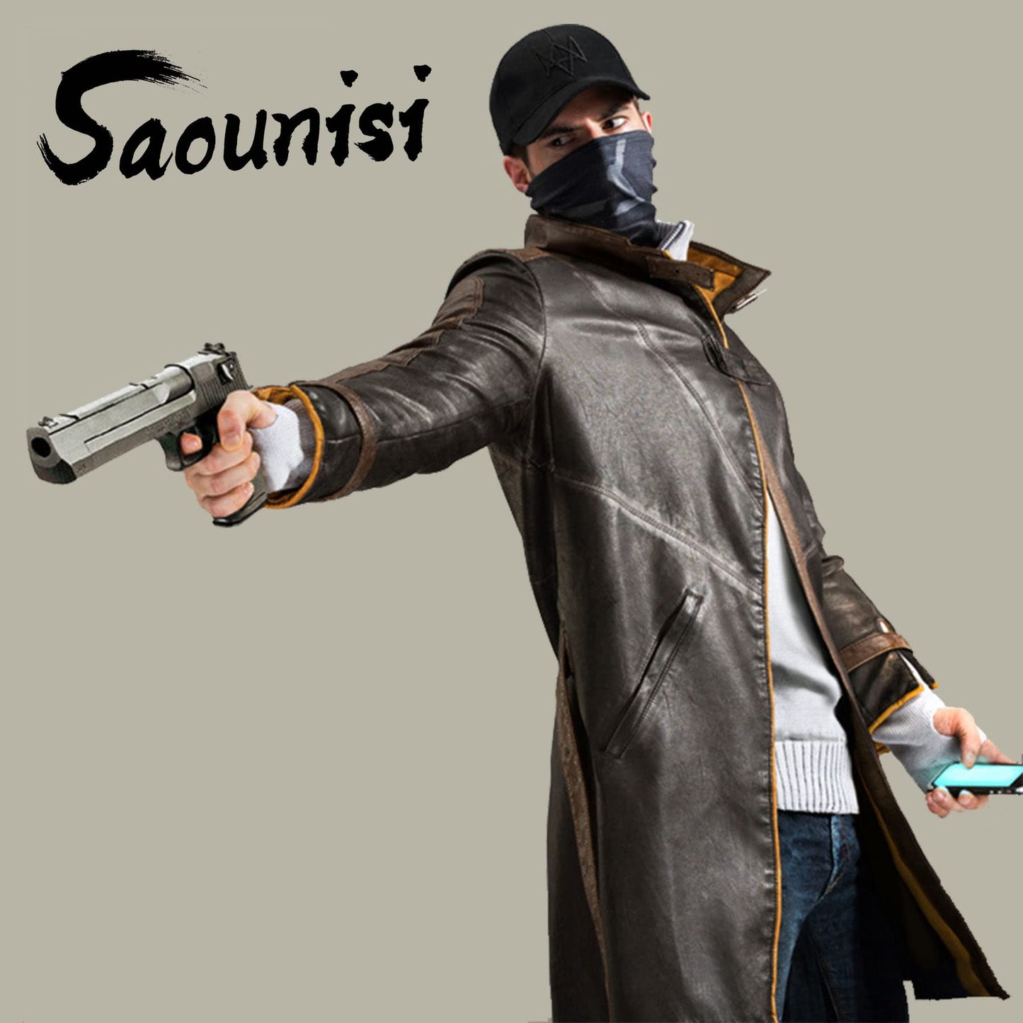 saounisi Men's Brown Faux Leather Trench Coat, Cosplay Jacket, X-Large
