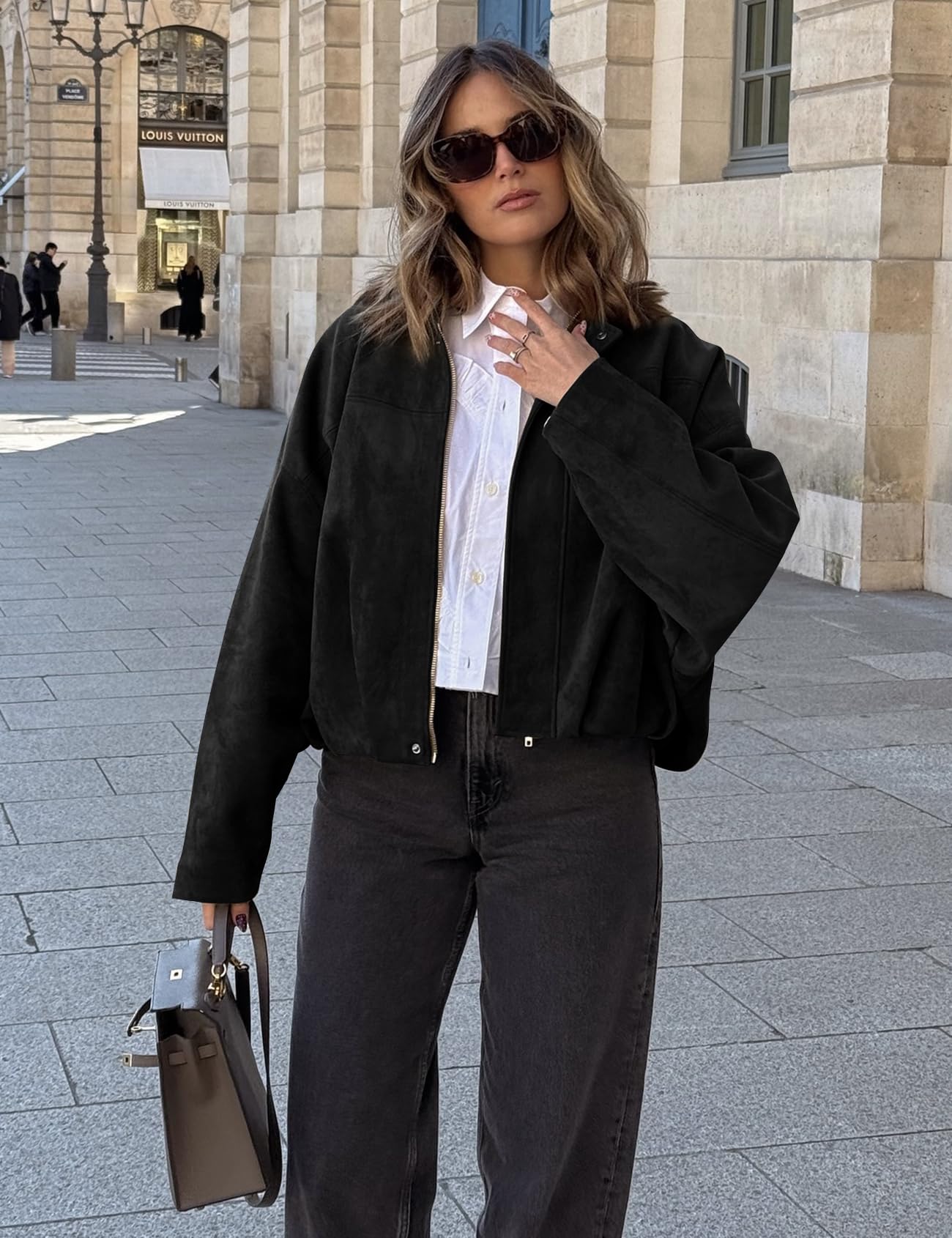 Kissonic Women's Oversized Jackets Faux Suede Bomber Jacket Lapel Pilot Cropped Casual Coat for Streetwear Outerwear(Black-L)