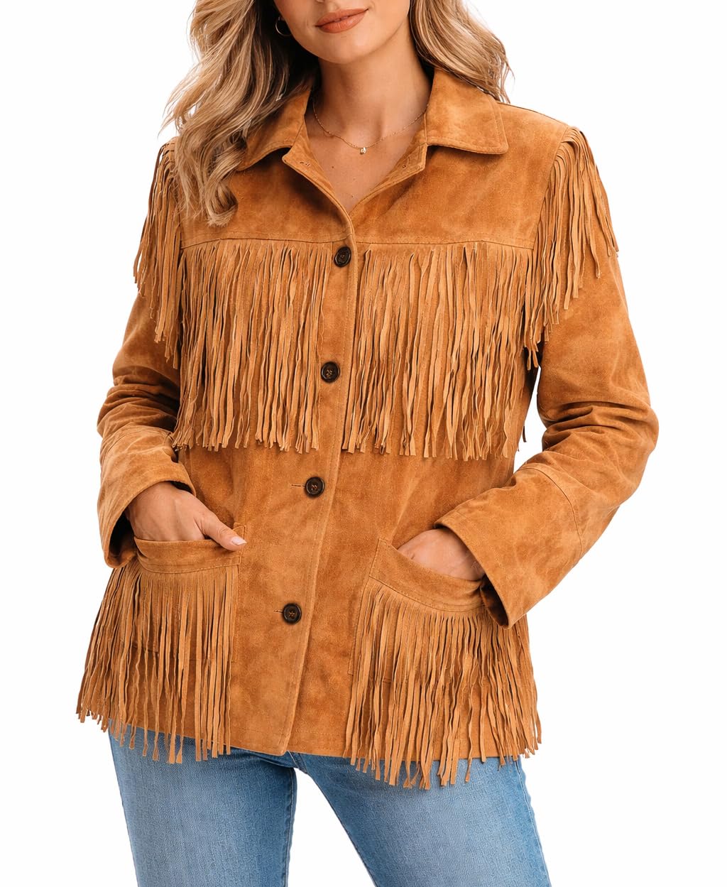 Strength Gears Women’s Suede Leather Fringe Jacket – Western Cowgirl Tassel Coat, Vintage Boho Style Fall Outerwear (US, Alpha, Large, Regular, Regular, Brown)