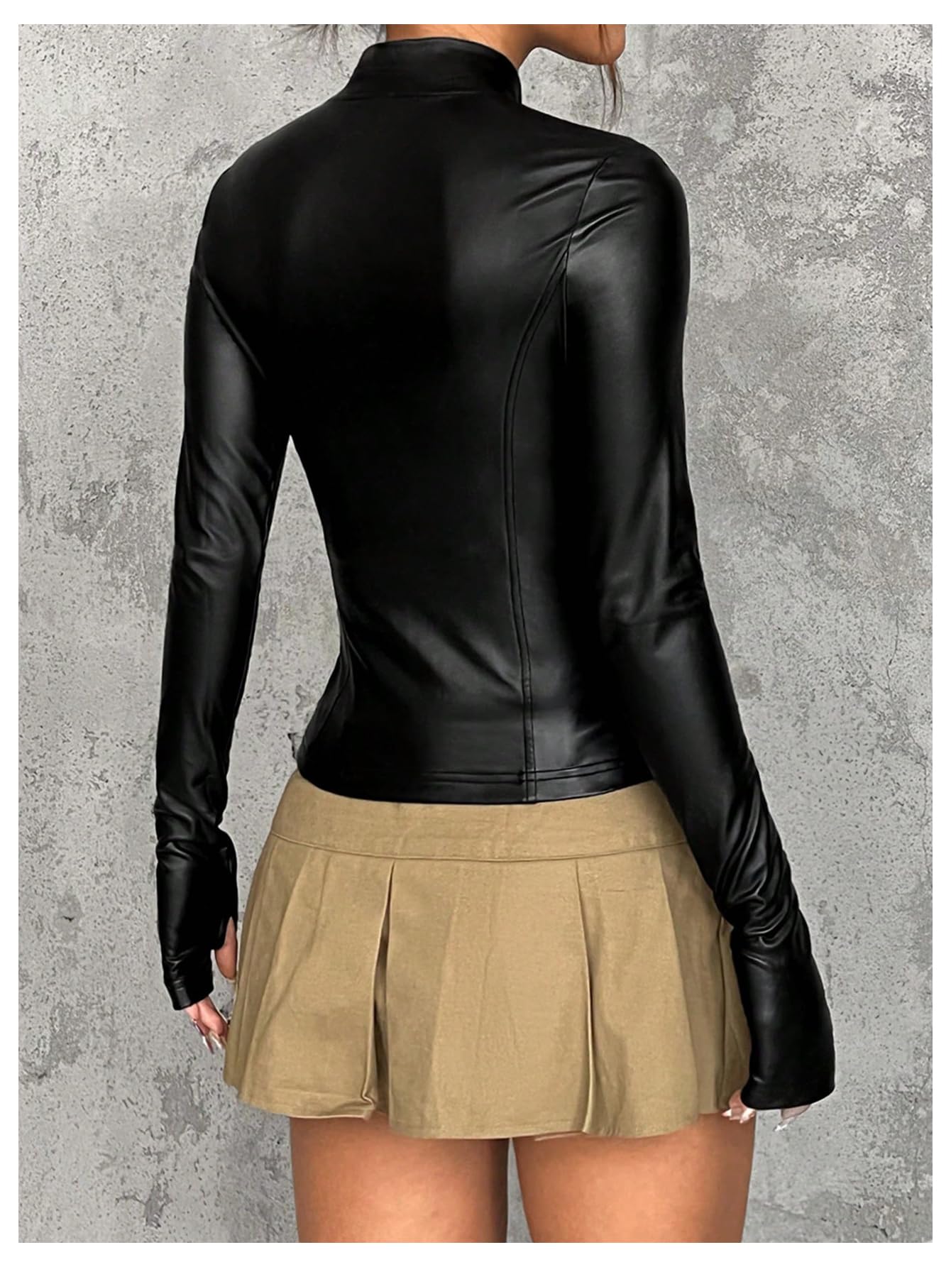 MakeMeChic Women's Faux Leather Jacket Thin Fleece Mock Neck Zip Up Long Sleeve Coat Outerwear Black Small