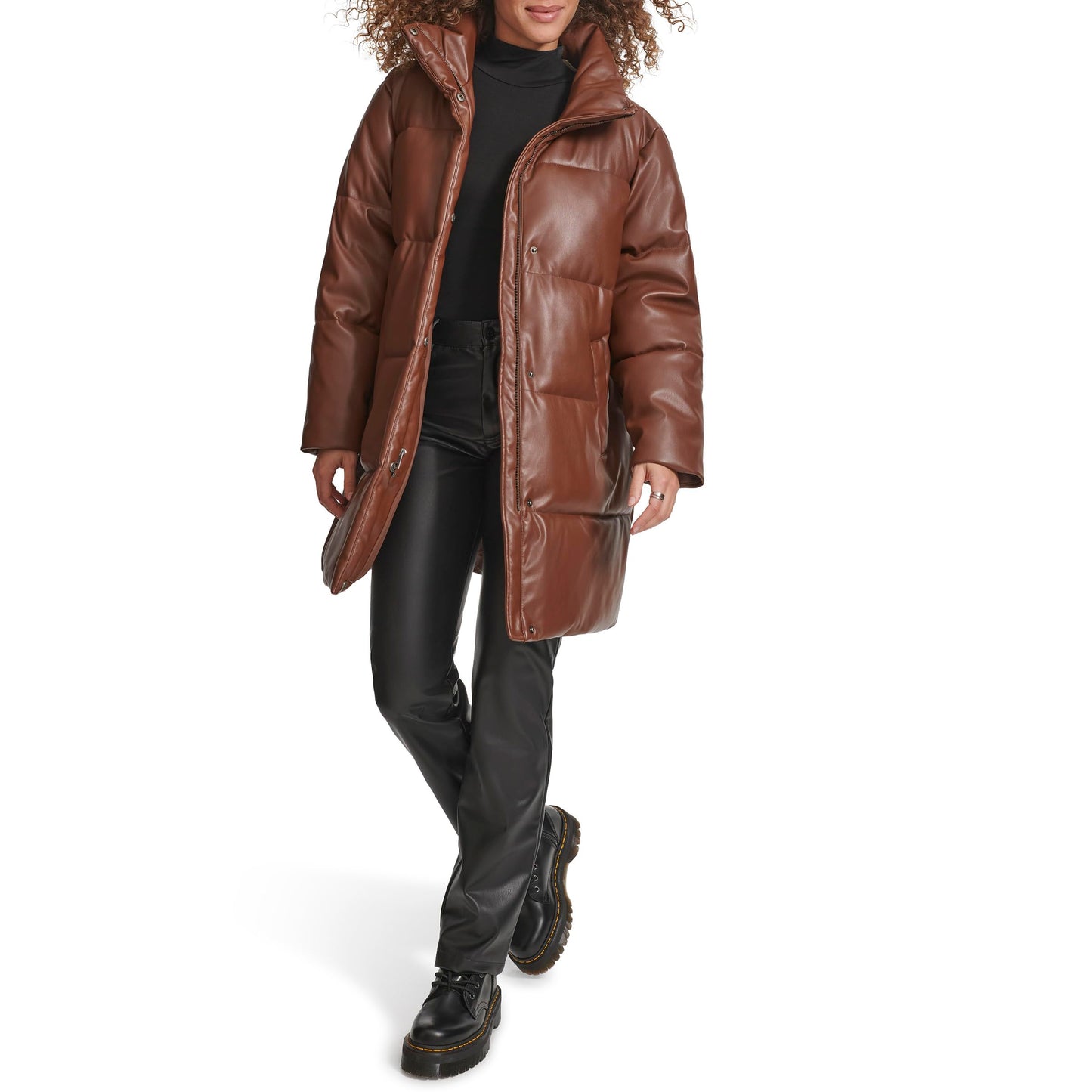 Levi's Women's Faux Leather Mid-length Puffer Coat, Dark Brown, Medium