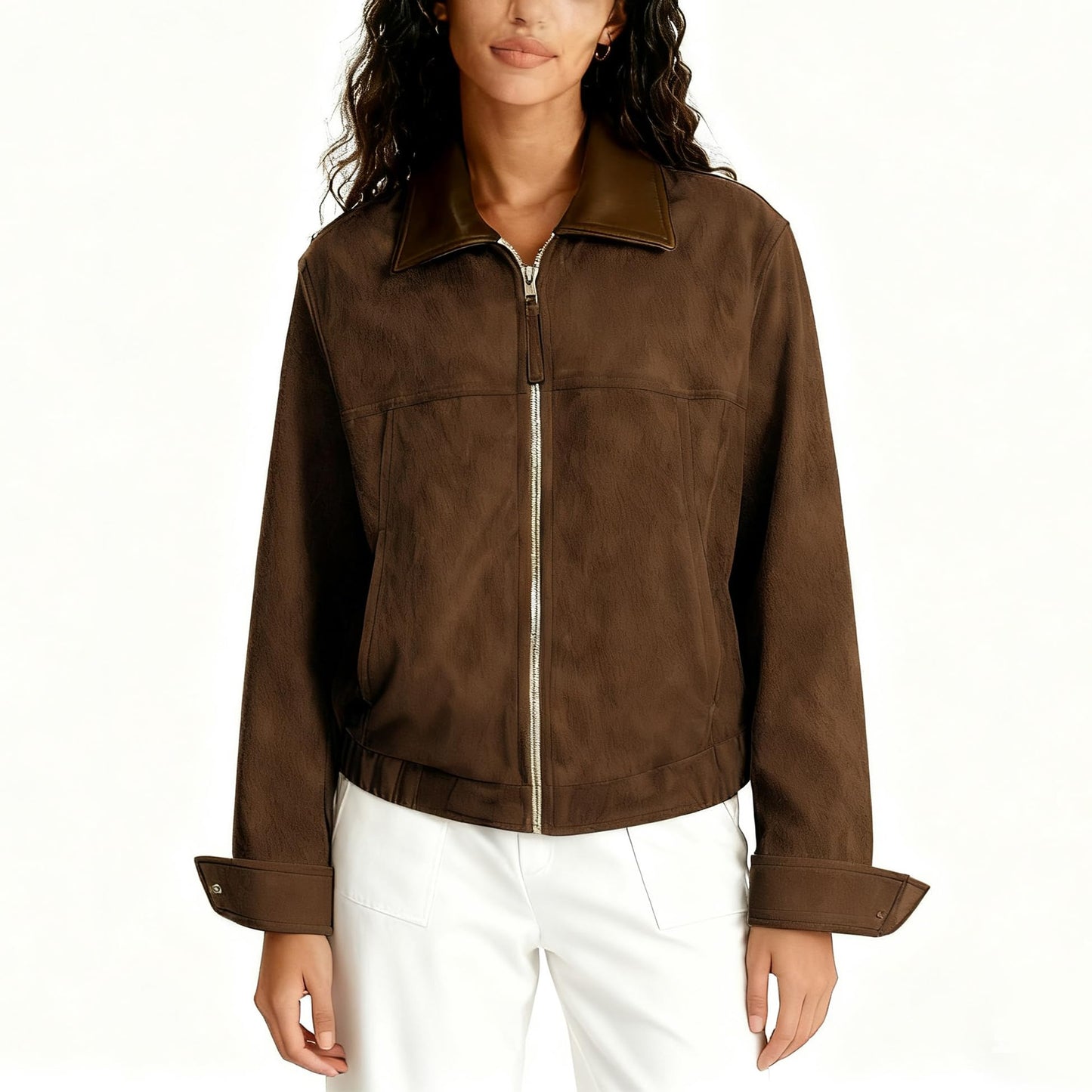 Zoziiee Women's Faux Suede Cropped Jacket Contrast Collar Zip Up Utility Barn Coat Trendy Fall Outwear(Coffee,M)
