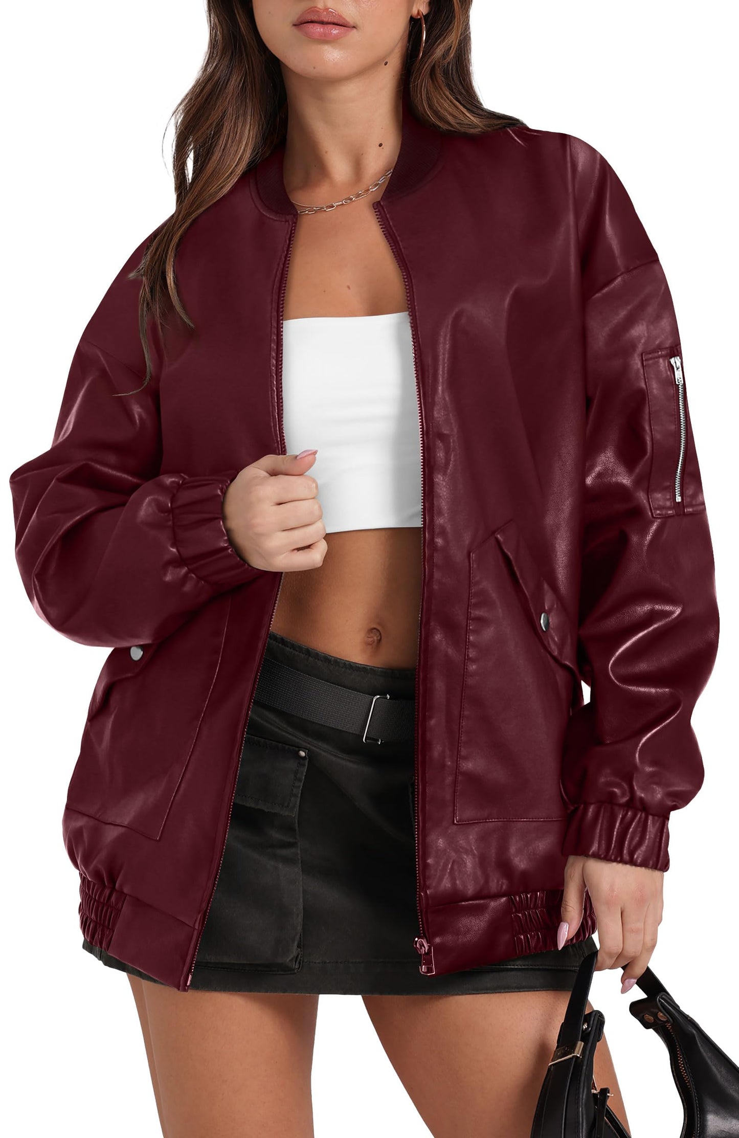 XIEERDUO Leather Jacket Women Faux Oversized Motorcycle Bomber Coats 2025 Fall Fashion Outfits Winter Clothes Red S