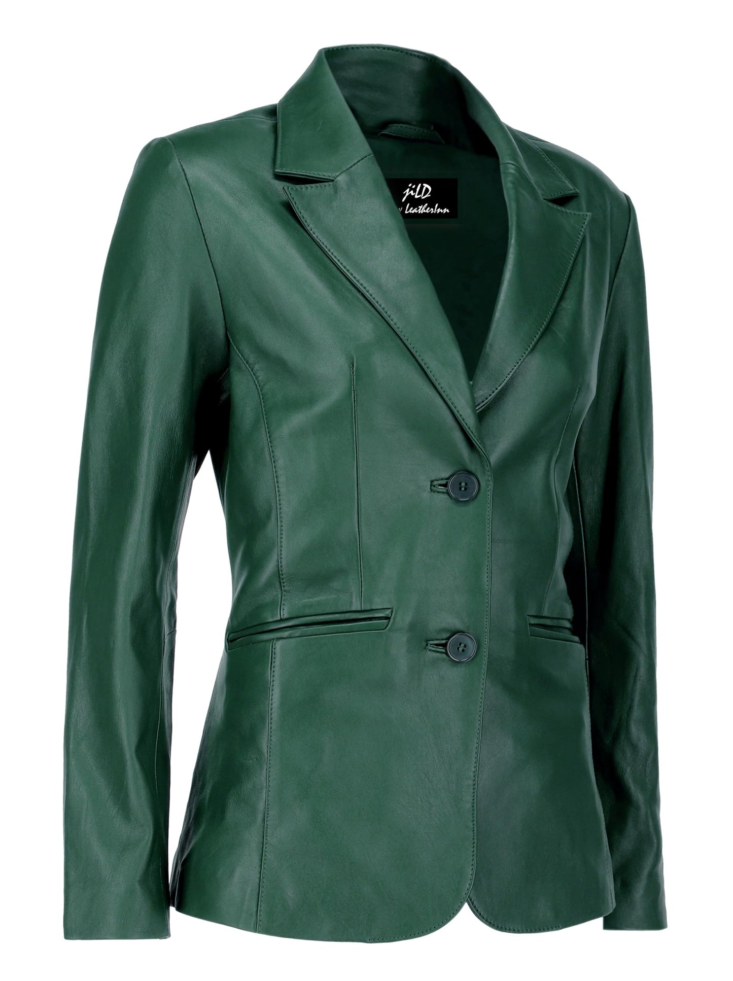 Jild Classic 2-Button Lambskin Leather Blazer Women - Casual Coat Long Sleeves Suit Style Leather Jacket Women (LC-GREEN-L)