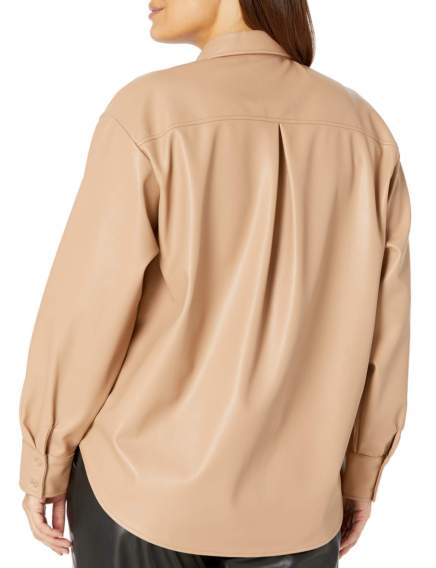 The Drop Women's @lisadnyc Faux Leather Long Shirt Jacket, Camel, S
