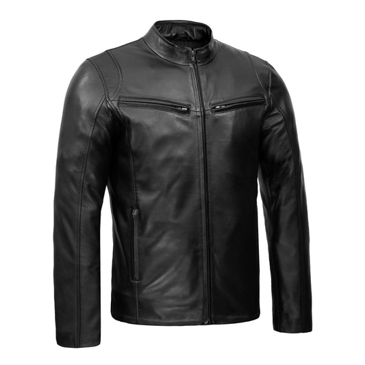 Leatherick Men's Genuine Lambskin Leather Motorcycle Jacket - Full-Grain Black Biker Jacket with Zipper and Multiple Pockets (US, Alpha, Medium, Regular, Regular, Black)