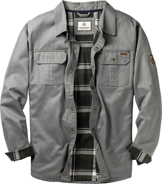 Mens Flannel Lined Waxed Cotton Shirt Jacket, Wolf, X-Large