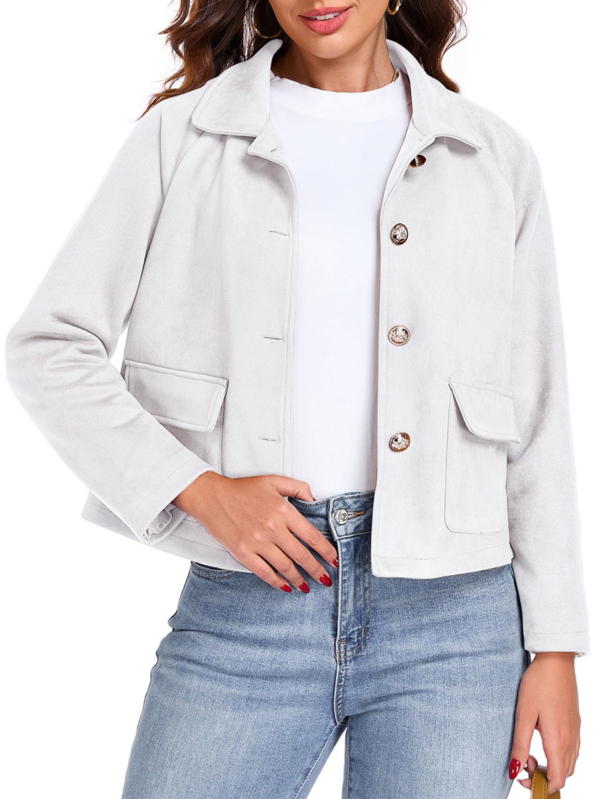 KateModa Women's Faux Suede Leather Jackets Cropped Casual Lapel Collar Button Down Lightweight Spring Vintage Shackets