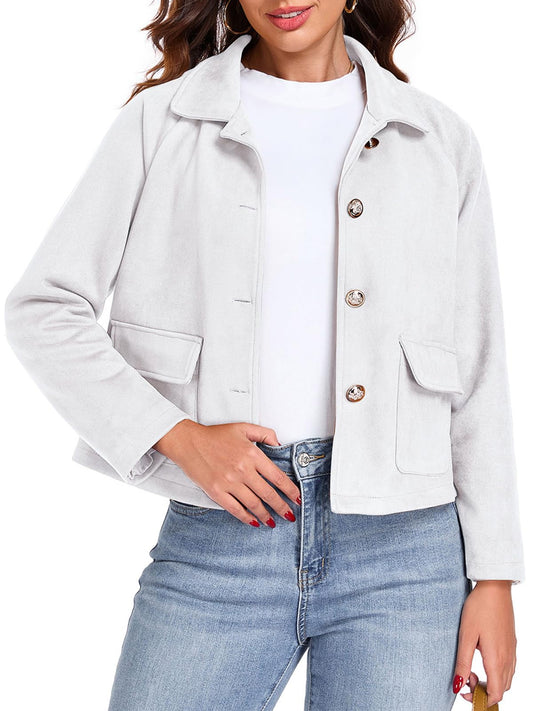 KateModa Women's Faux Suede Leather Jackets Cropped Casual Lapel Collar Button Down Lightweight Spring Vintage Shackets