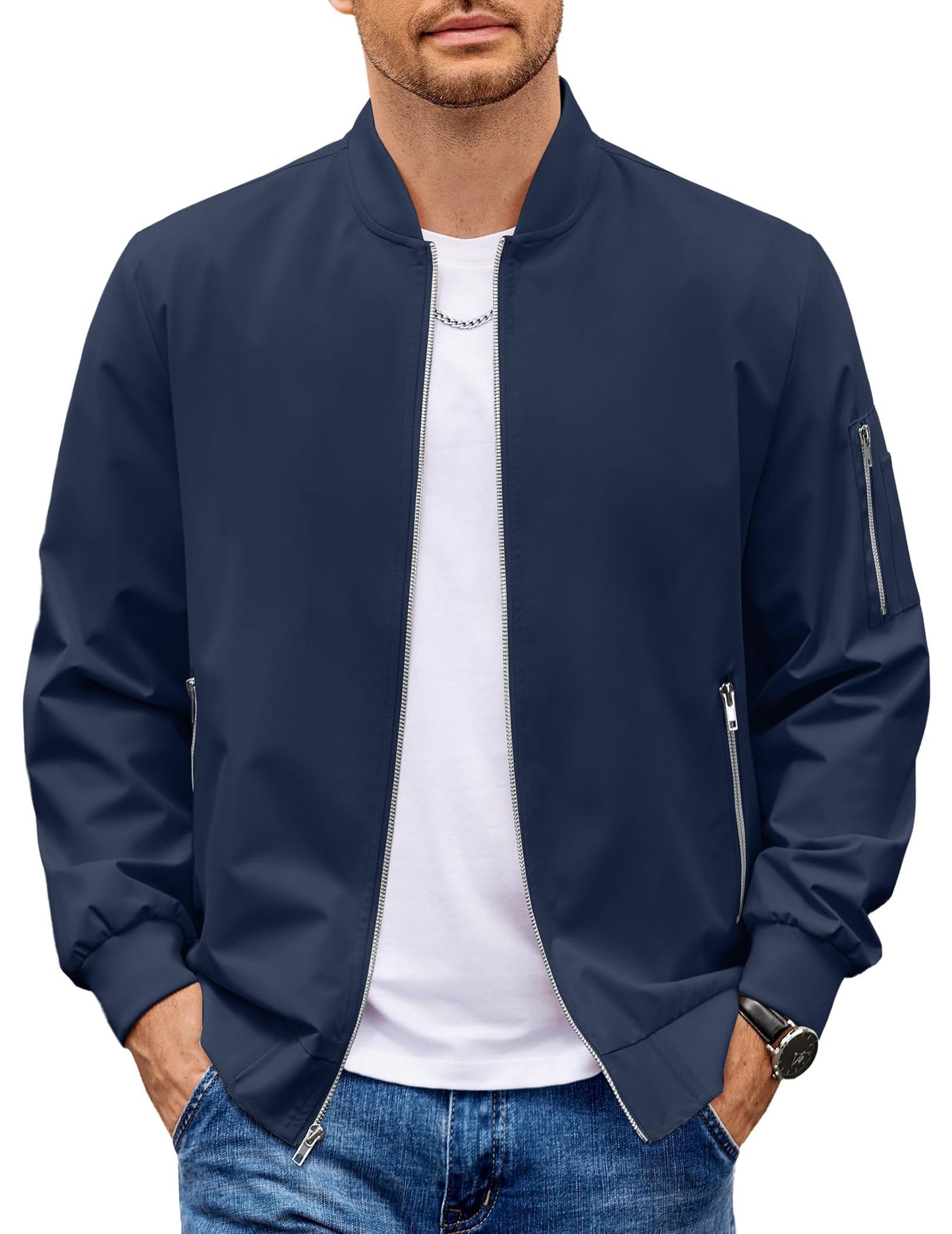 COOFANDY Men Jacket Casual Lightweight Polyester Bomber Jackets Blue Zip Up Stylish Windbreaker For Work Daily Wear 3XL