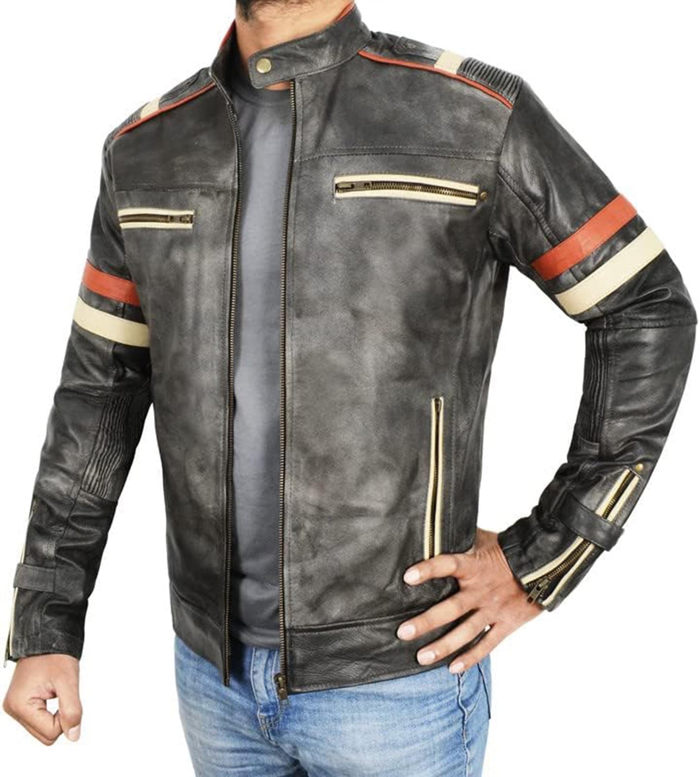 Vintage Cafe Racer Leather Jacket Men Retro Motorcycle Racing Jacket