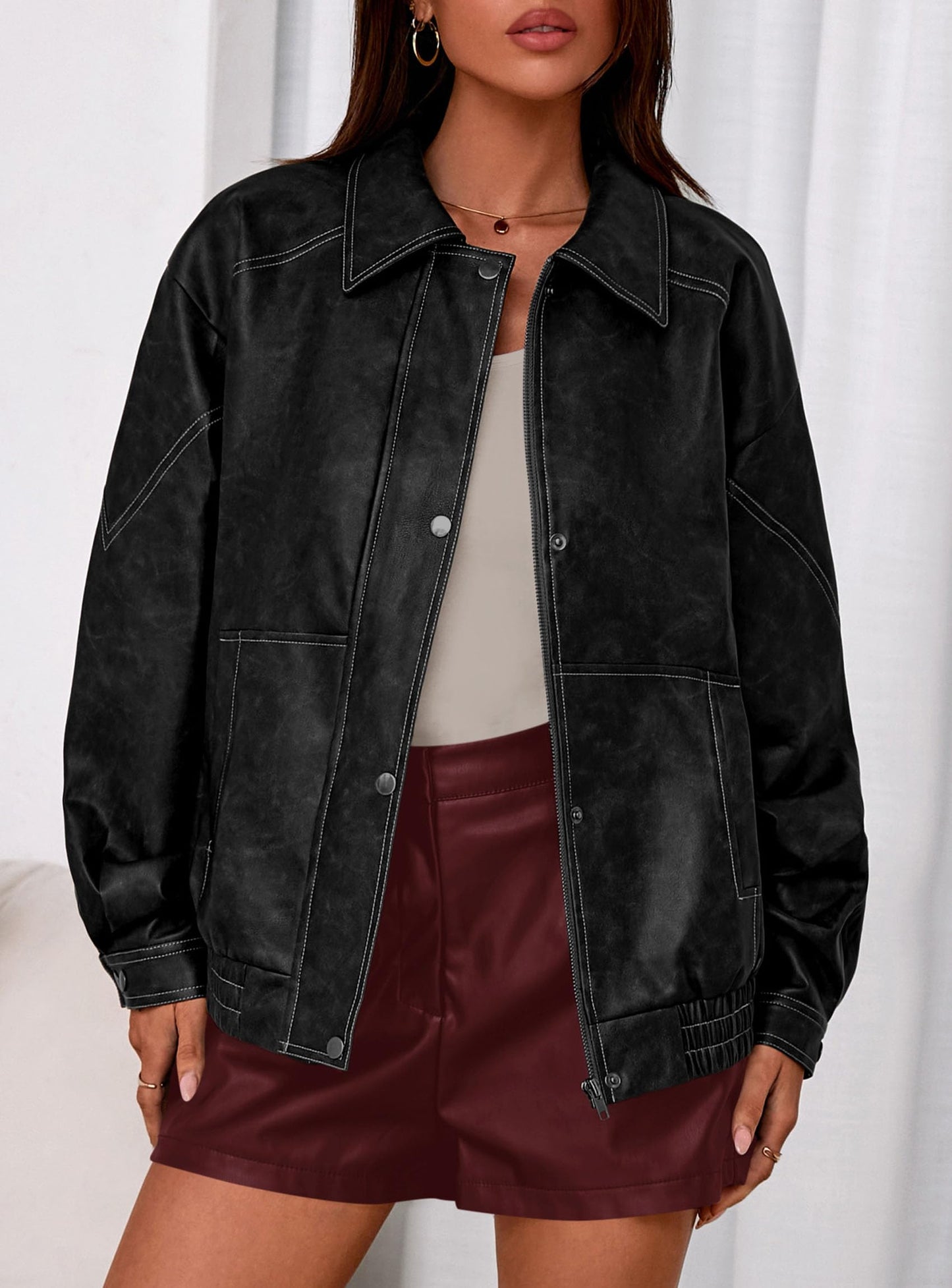 PRETTYGARDEN Faux Leather Jacket Women Bomber Motorcycle Zip Up Jackets Oversized Fall Fashion Outfits 2026 Winter Coats (Black,Medium)