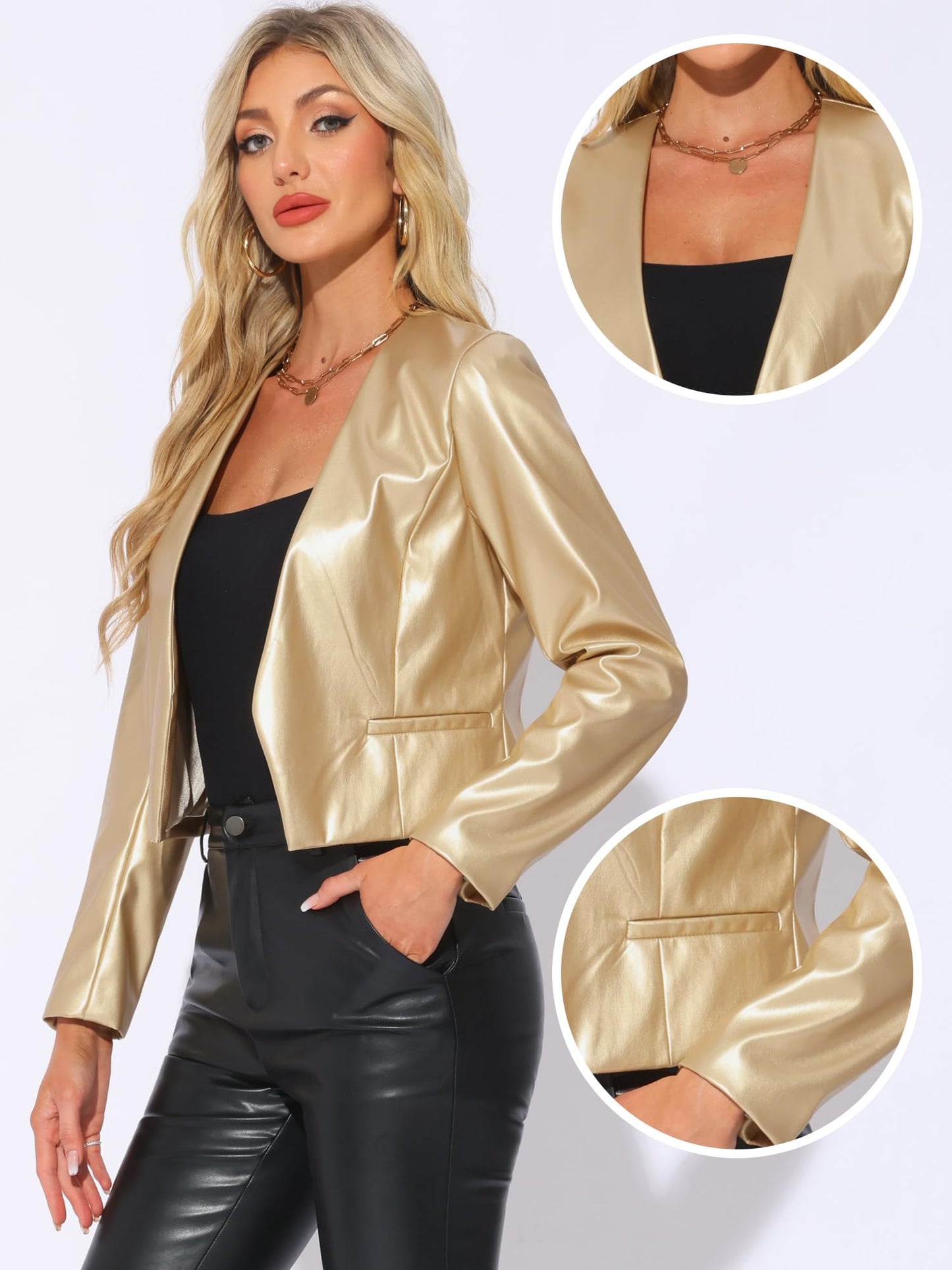 Allegra K Faux Leather Jacket for Women's Collarless Open Front Crop PU Moto Biker Jackets Small Gold