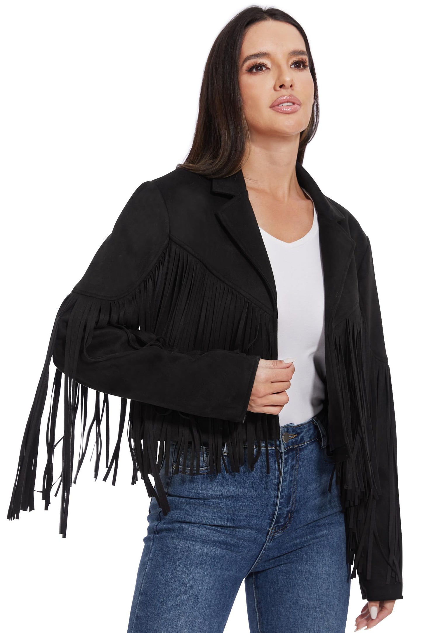 Fahsyee Fringe Leather Jacket Women, Western Cowgirl Outfits for Women Country Concert Wear Suede Cropped Coat Black L