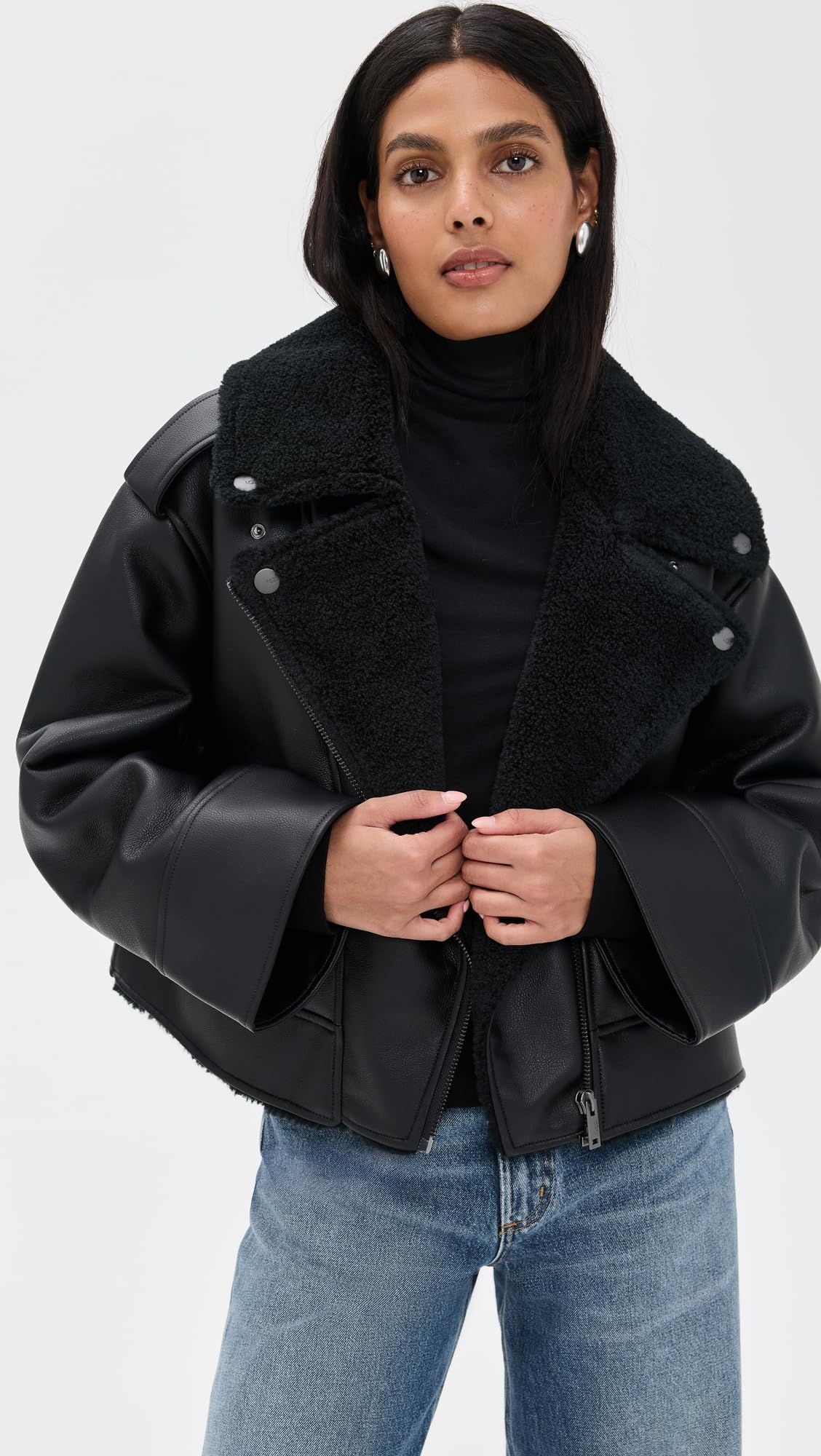 UGG Women's Finnian Luxefluff Moto Jacket Coat, Black, XL