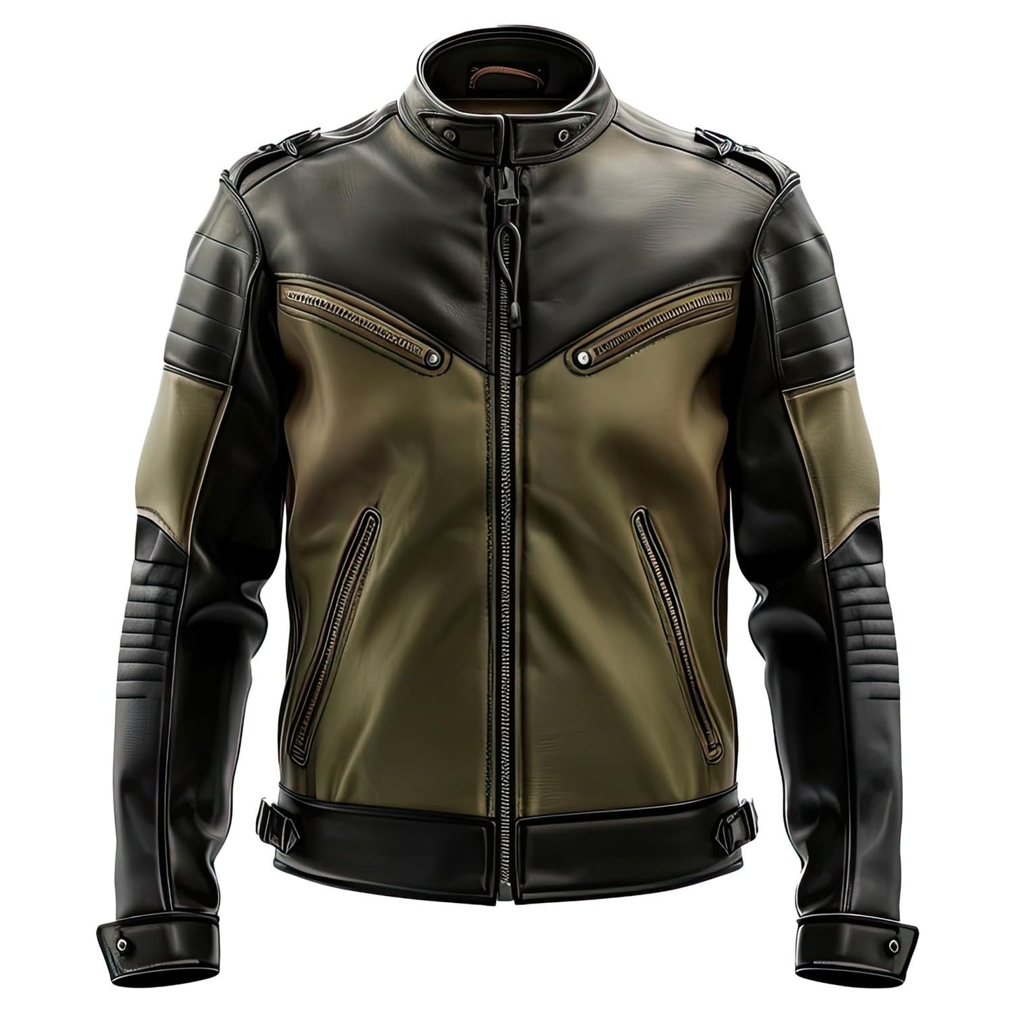 Leather Enchantment Co Men’s Olive Green & Black Sheepskin Biker Jacket – Stand Collar, Multi-Zipper Pockets, Sleek Moto Racing Style (US, Alpha, 3X-Large, Regular, Regular, Olive Green & Black)