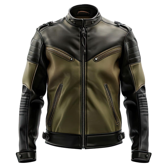 Leather Enchantment Co Men’s Olive Green & Black Sheepskin Biker Jacket – Stand Collar, Multi-Zipper Pockets, Sleek Moto Racing Style (US, Alpha, 3X-Large, Regular, Regular, Olive Green & Black)
