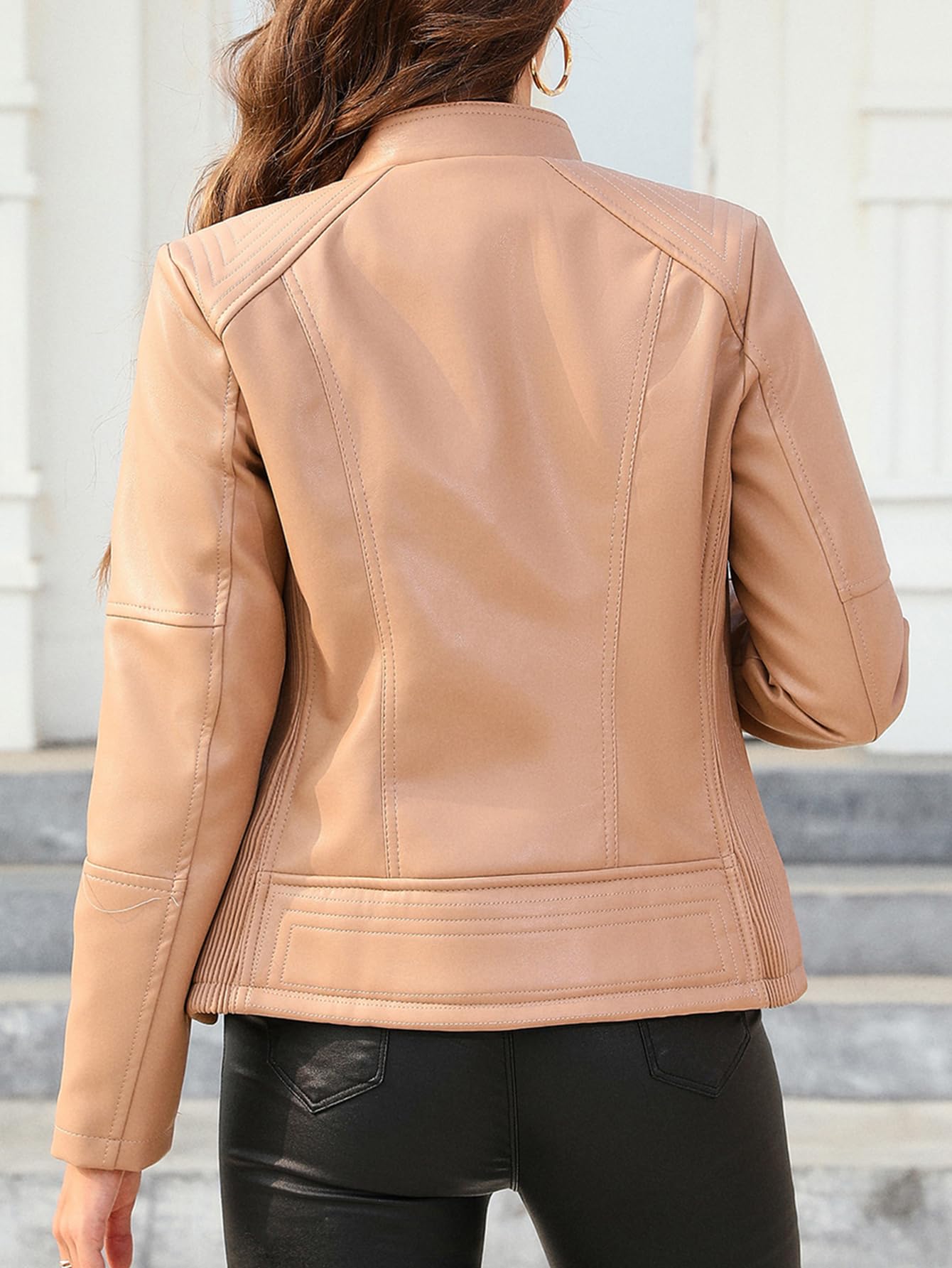 Bellivera Faux Leather Women Motorcycle Stand Collar Jacket Khaki XL