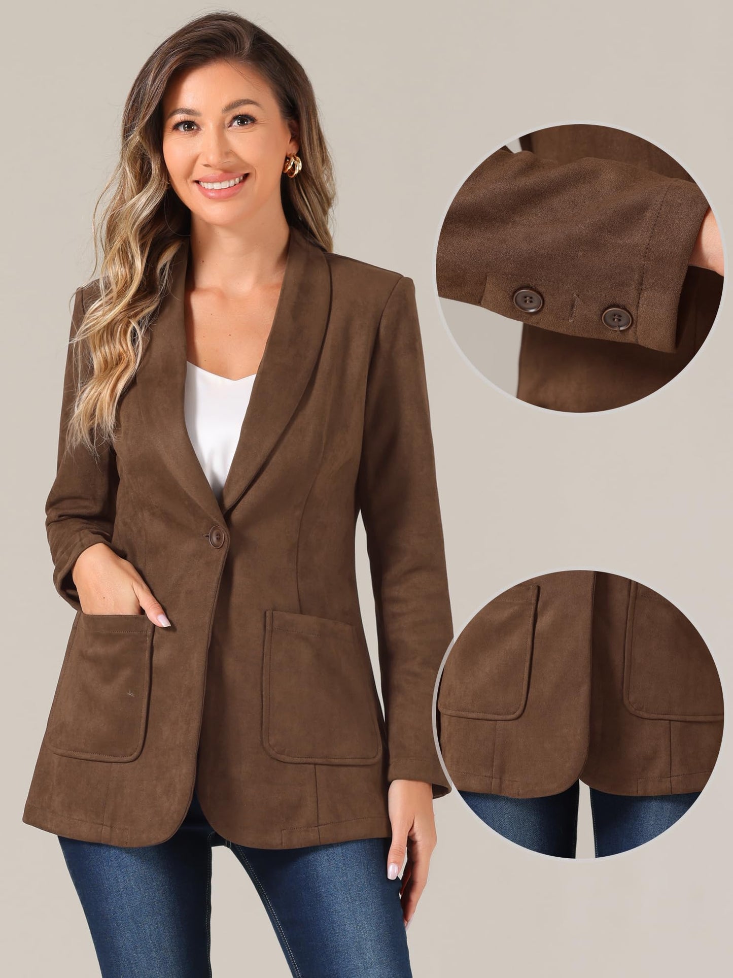 Allegra K Faux Suede Blazer for Women's Lapel Collar One Button Dressy Suit Jacket Small Brown