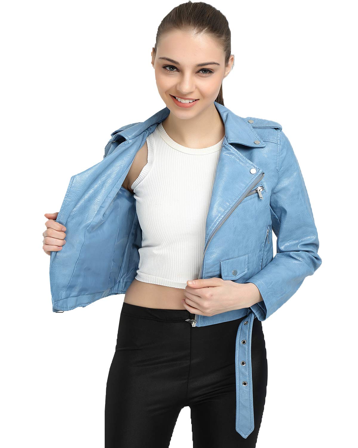 LY VAREY LIN Women's Faux Leather Motorcycle Jacket PU Slim Short Biker Coat (M, Blue)