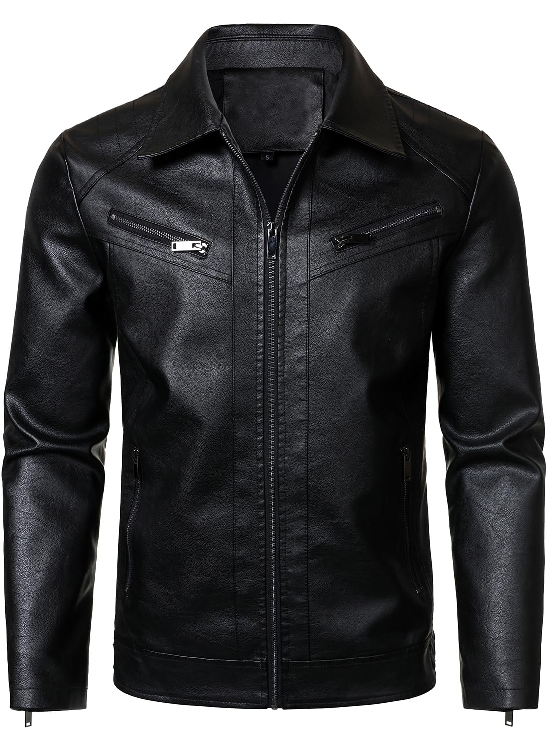 HOOD CREW Mens PU Leather Jacket Classic Style Turn Down Collar Faux Leather Biker Jackets Black L