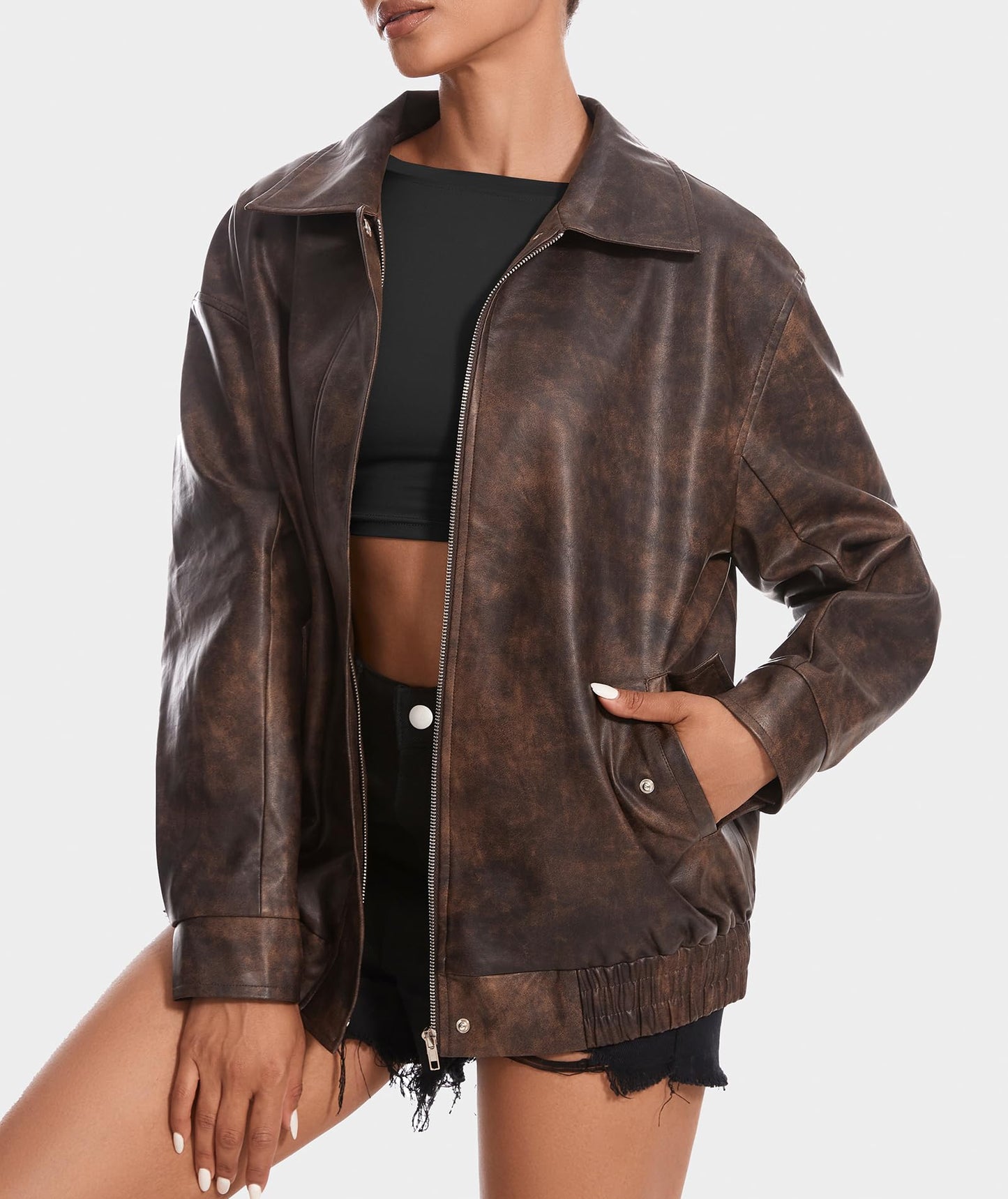Casly Lamiit Women's Leather Jacket Faux Motorcycle Oversized Zip Up Coat Bomber Jackets Fall Casual Fashion Outfits Outerwear Brown L