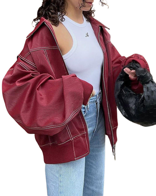 utcoco Women's Faux Leather Motorcycle Jacket Oversized Zip Up Winter Coat Outerwear 2025 Fall Fashion Clothes (X-Small, Red)