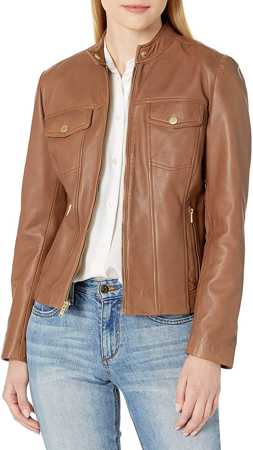 Fasigo Leather Jacket For Womens Royal Real Lambskin Black & Brown Denim Jacket Style Pick An Run (BROWN, LARGE)
