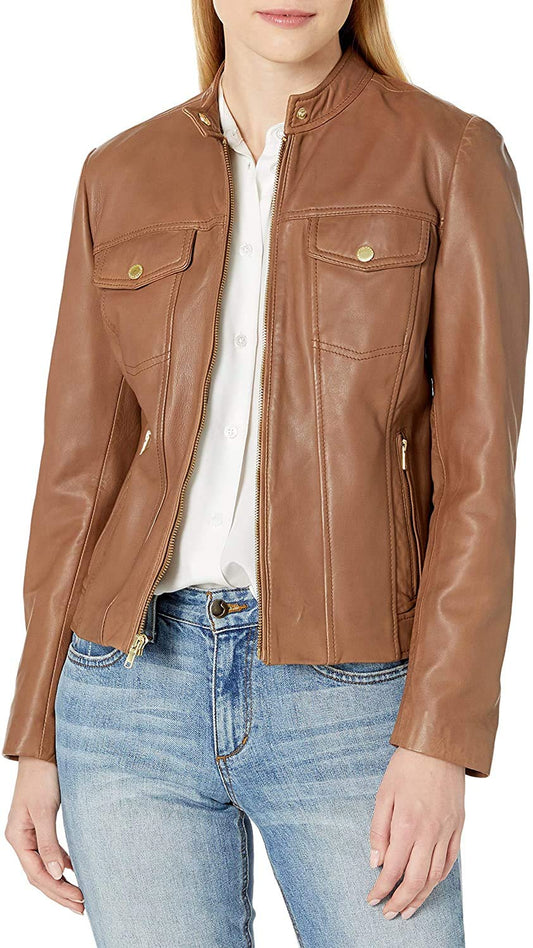 Fasigo Leather Jacket For Womens Royal Real Lambskin Black & Brown Denim Jacket Style Pick An Run (BROWN, LARGE)