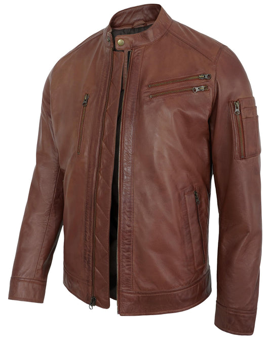 UrbanFocal Real Leather Jacket Men - Cognac Non Wax Leather Jackets For Mens | [101014406] Petter Cognac, 2XL