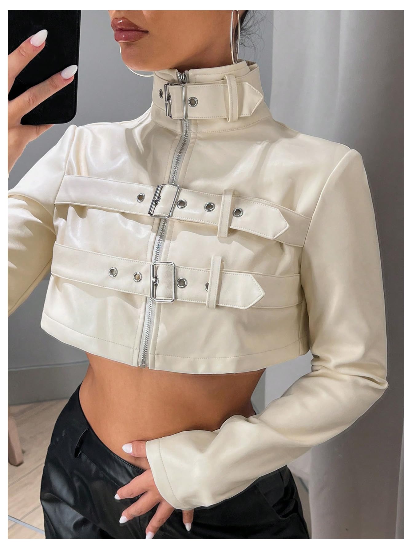 winkbay Women's Zip Up Cropped Motorcycle Jacket Y2k Leather Bomber Jackets Streetwear Beige Medium