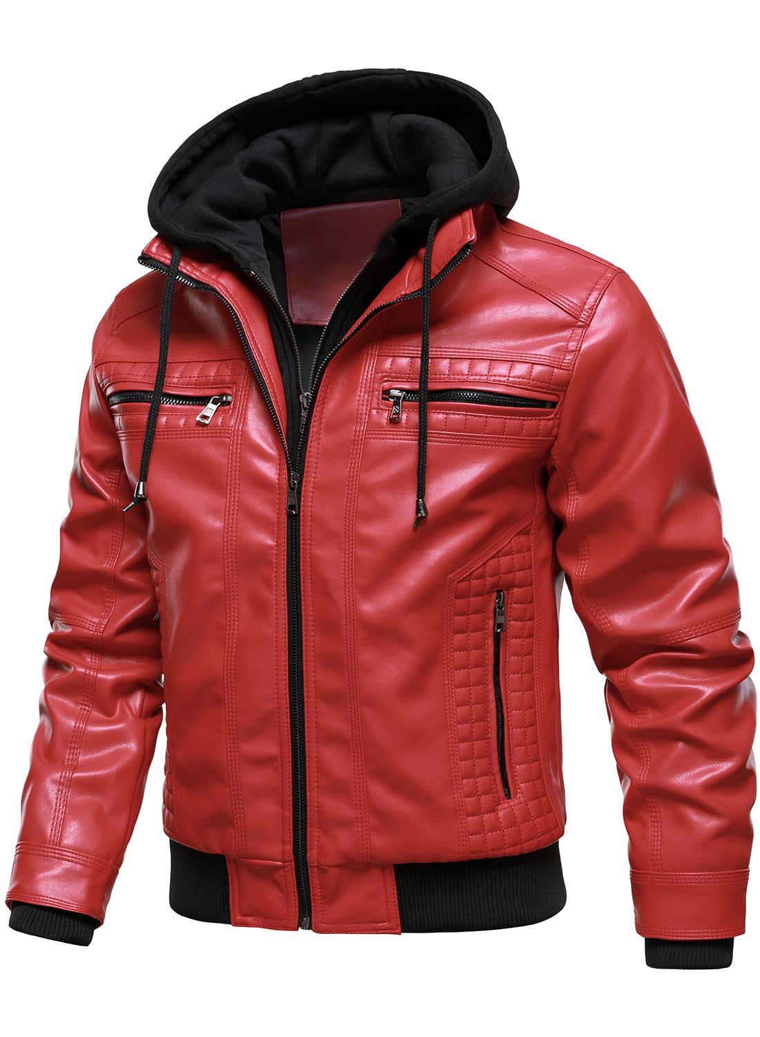 HOOD CREW Men Faux Leather Jacket with Detachable Hood Casual Motorcycle Bomber Jackets Outerwear Red L