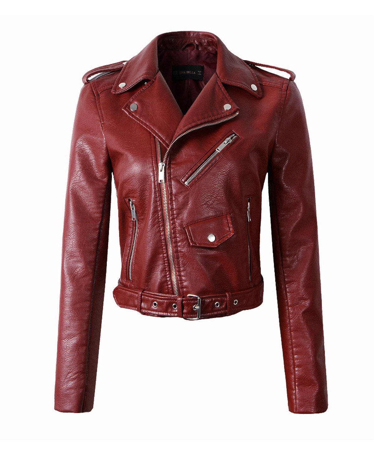 LY VAREY LIN Fitaylor Women's Faux Leather Motorcycle Jacket PU Slim Short Biker Coat (L, Wine Red)