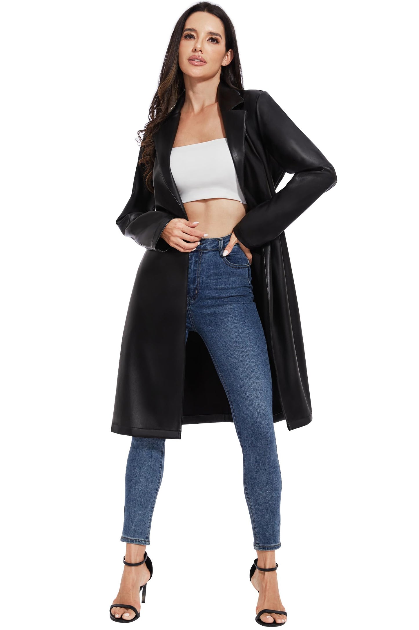 Fahsyee Women's Faux Leather Trench Coat, Motorcycle Jackets PU Moto Biker Outwear Fitted Slim Jacket Black Size XL