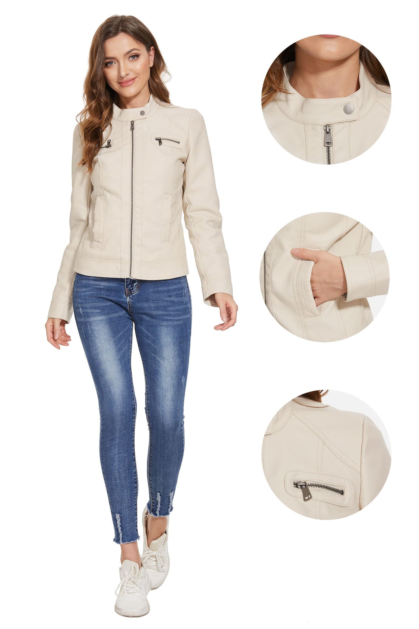 Fahsyee Women's Faux Leather Jackets, Zip Up Motorcycle Short PU Moto Biker Outwear Fitted Slim Coat Size S White