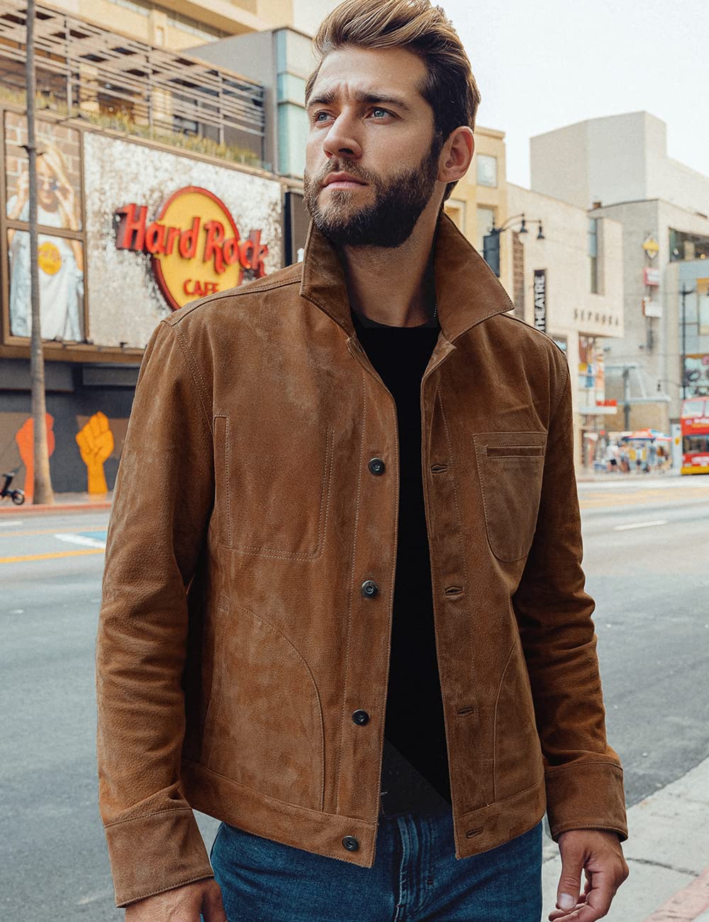 FLAVOR Men's Suede Leather Jacket Trucker Coat (Large, Brown)