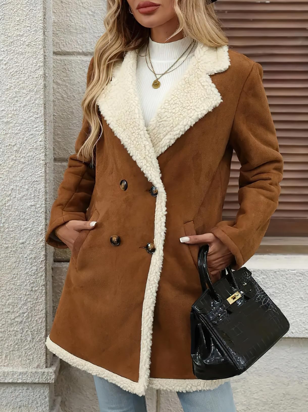 chouyatou Women's Winter Notch Lapel Double Breasted Peacoat Sherpa Fleece Lined Faux Suede Jacket Coat (X-Large,Brown)