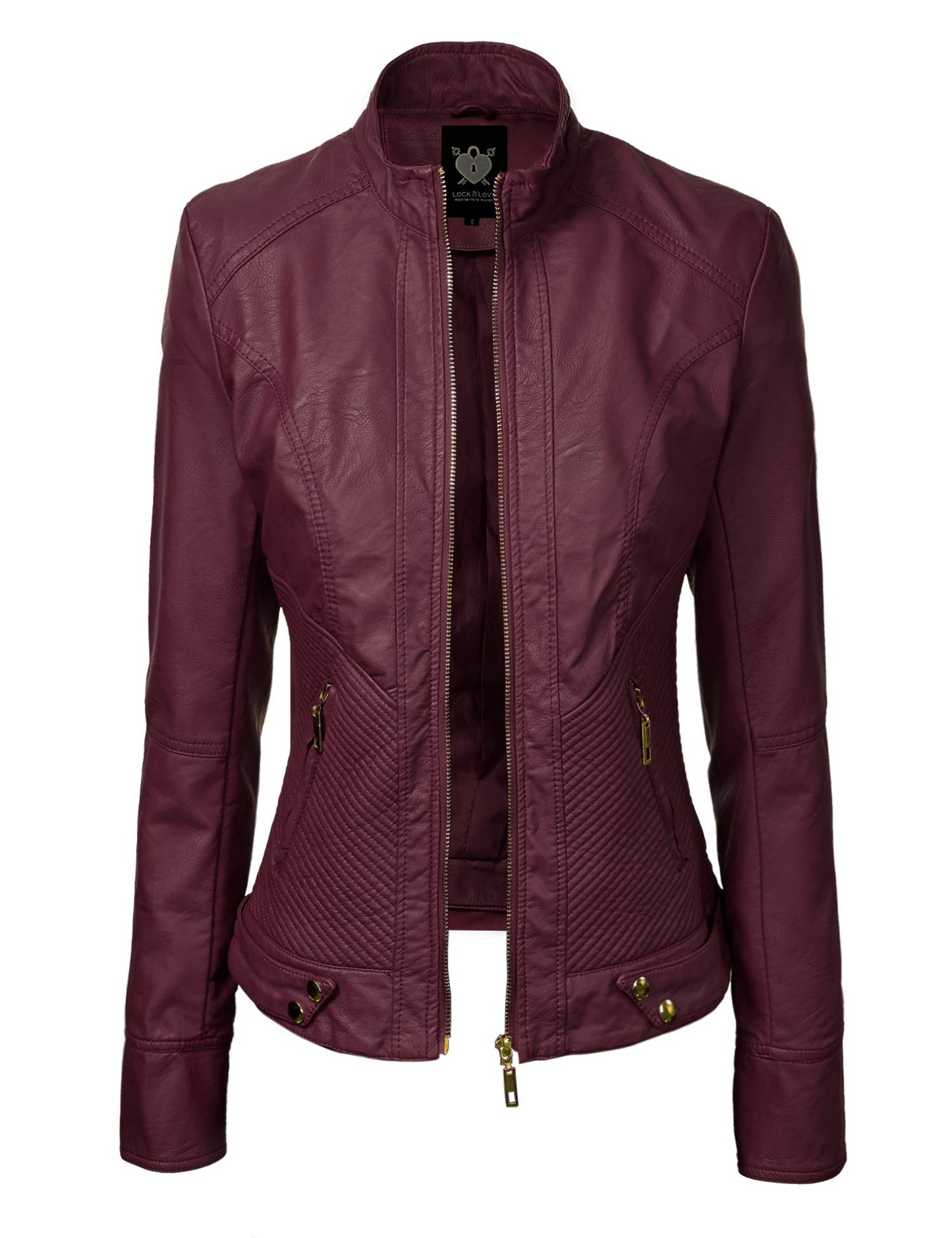 Lock and Love LL WJC747A Womens Dressy Vegan Leather Biker Jacket XS Wine