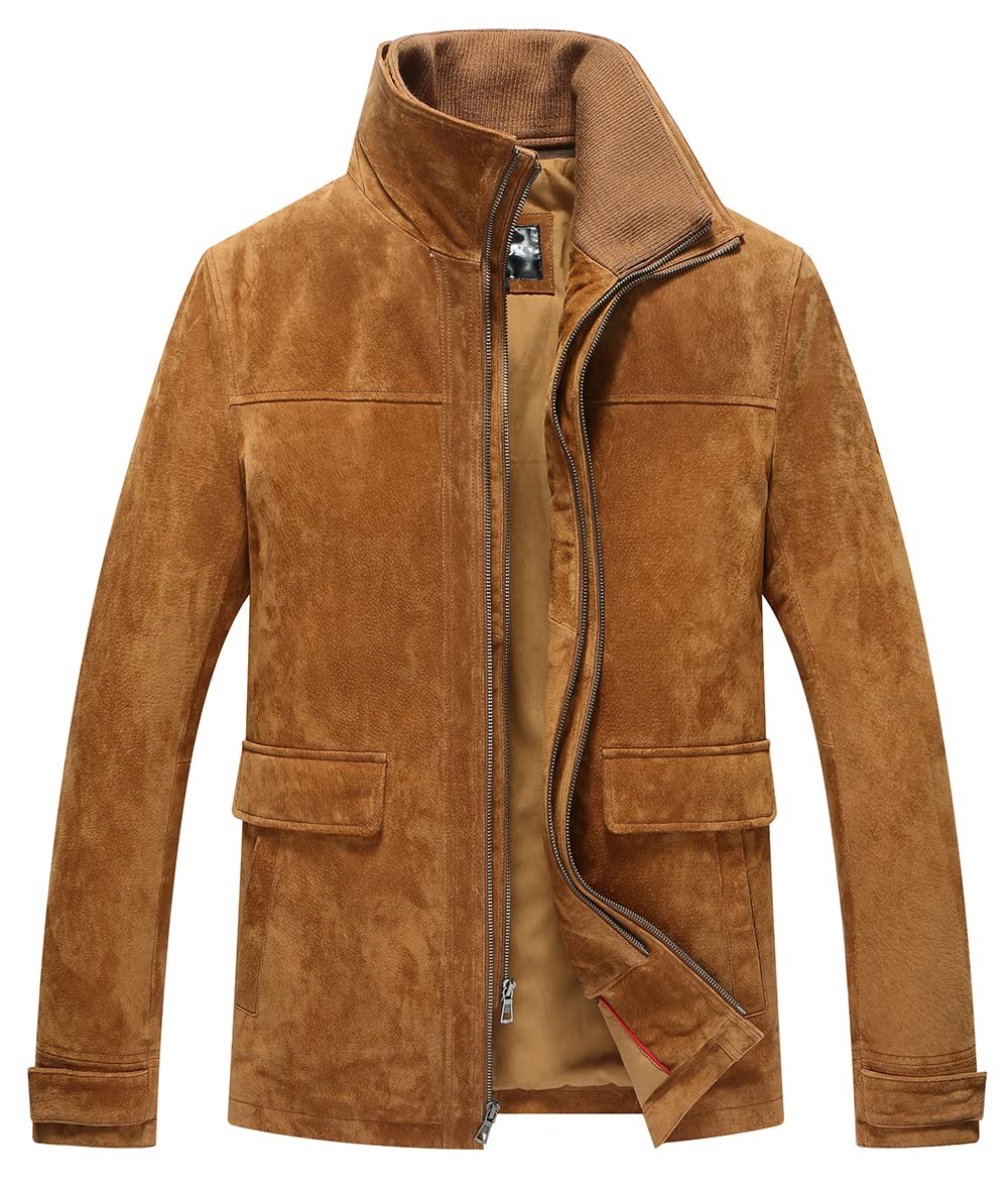 FLAVOR Men's Classic Leather Jacket Suede Winter Coat with Removable Collar (Medium, Brown)